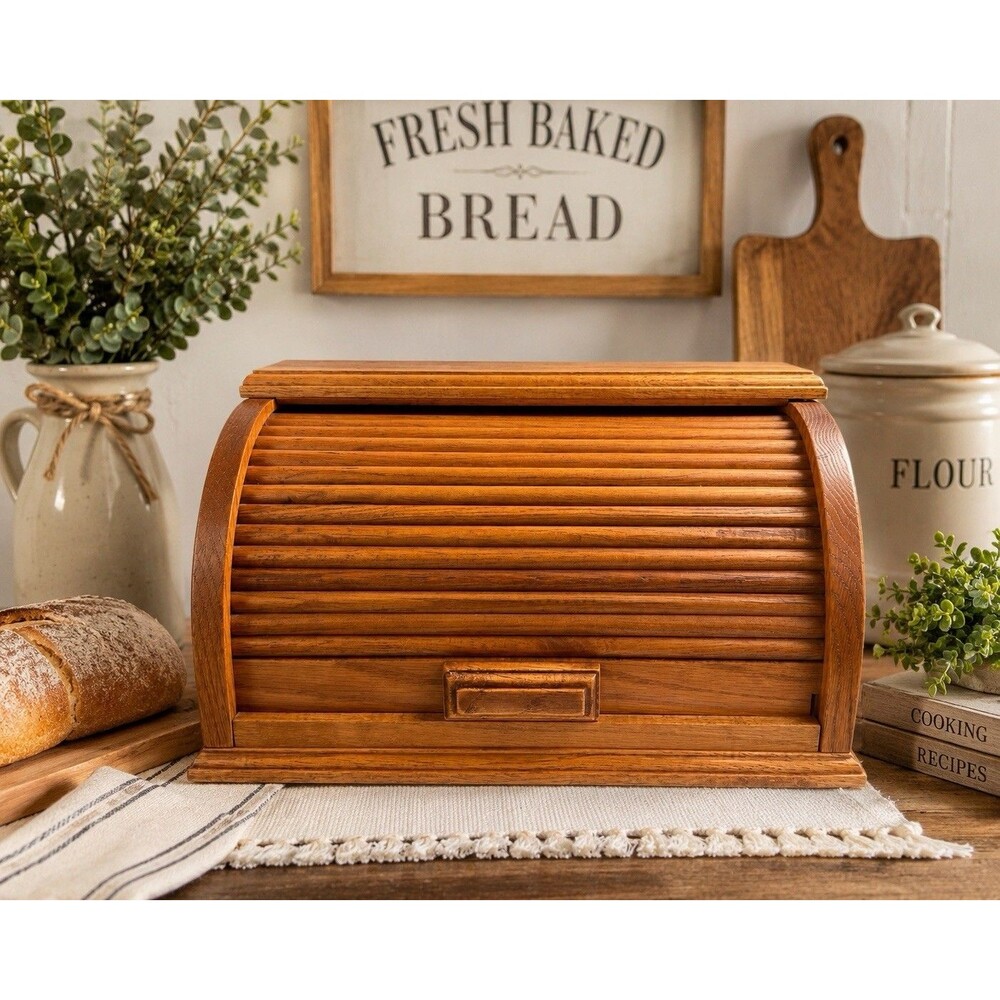 Vintage Solid Oak Roll Top Bread Box Tambour Door Farmhouse Kitchen Storage